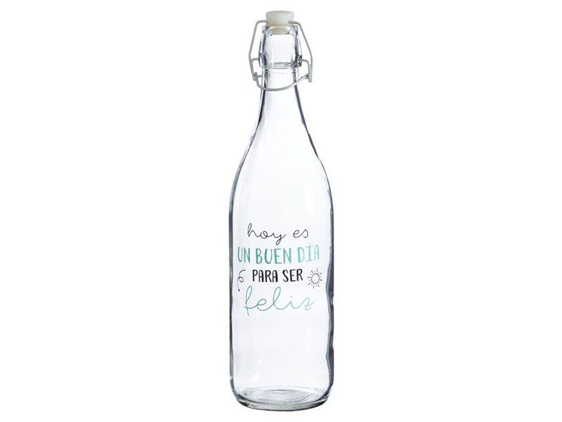 Botella de cristal para agua con cierre hermético con la frase de HOY VA ES  UN BUEN DIA PARA SER FELIZ