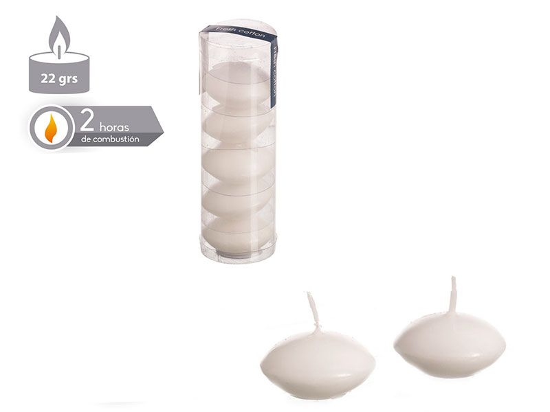 Set de 5 velas redondas flotantes perfumadas color blanco con una dimensión de 4 cm x 2.4 cm